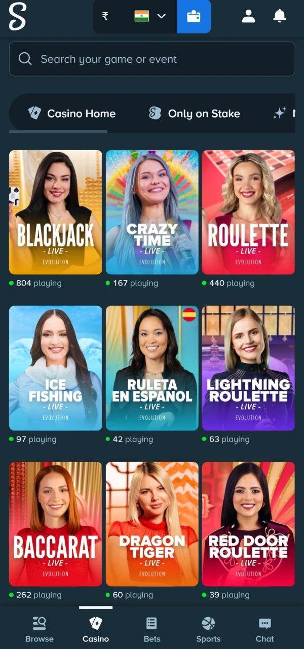 The best games are collected in the casino section of the Stake app.