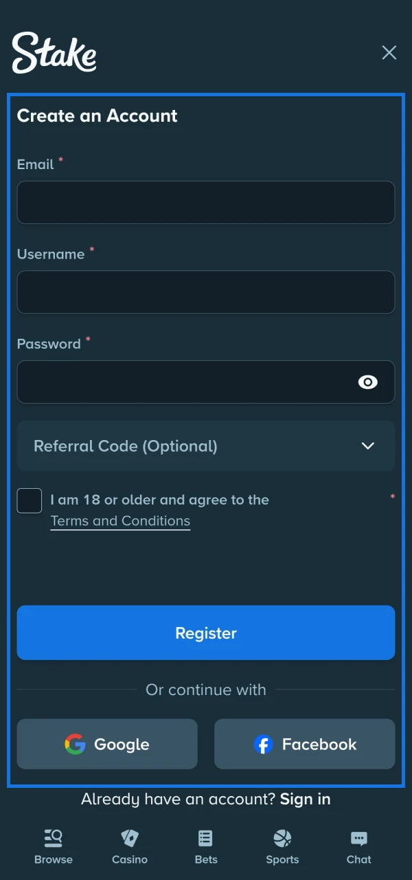 Register to receive a bonus on Stake.