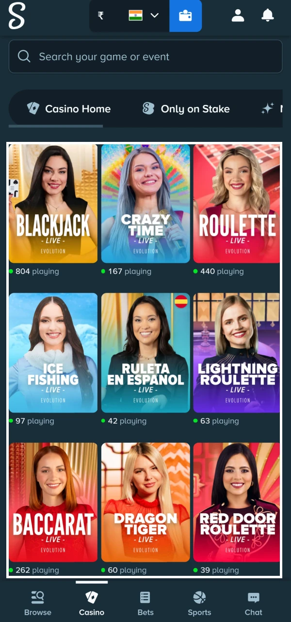 Play one of the live casino games on Stake.