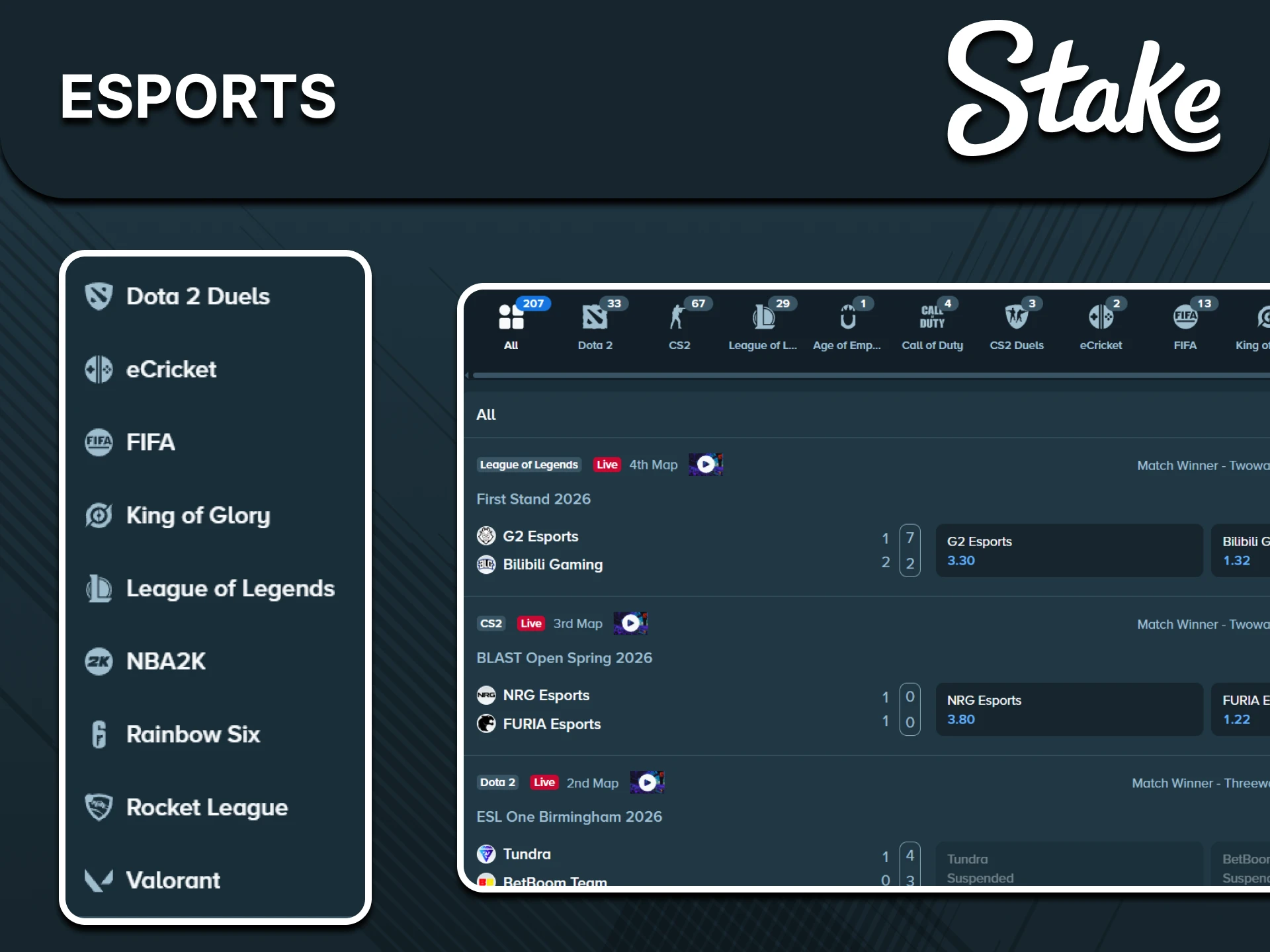 Place your bets on your favorite teams in the esports section of the Stake website.