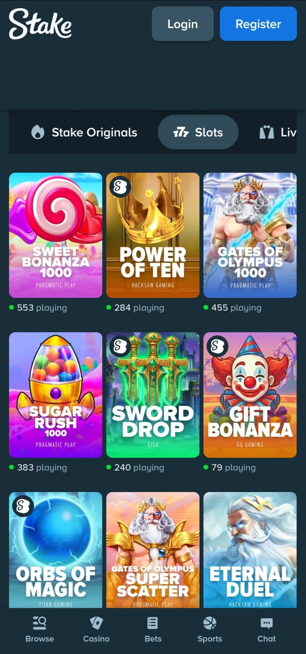 Open the Slots section at Stake Casino.