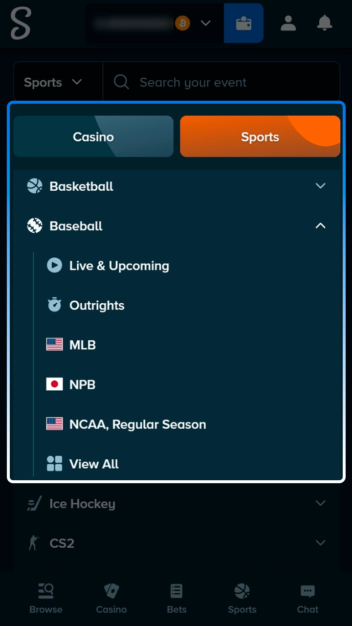 Locating the baseball sportsbook section on the Stake website.