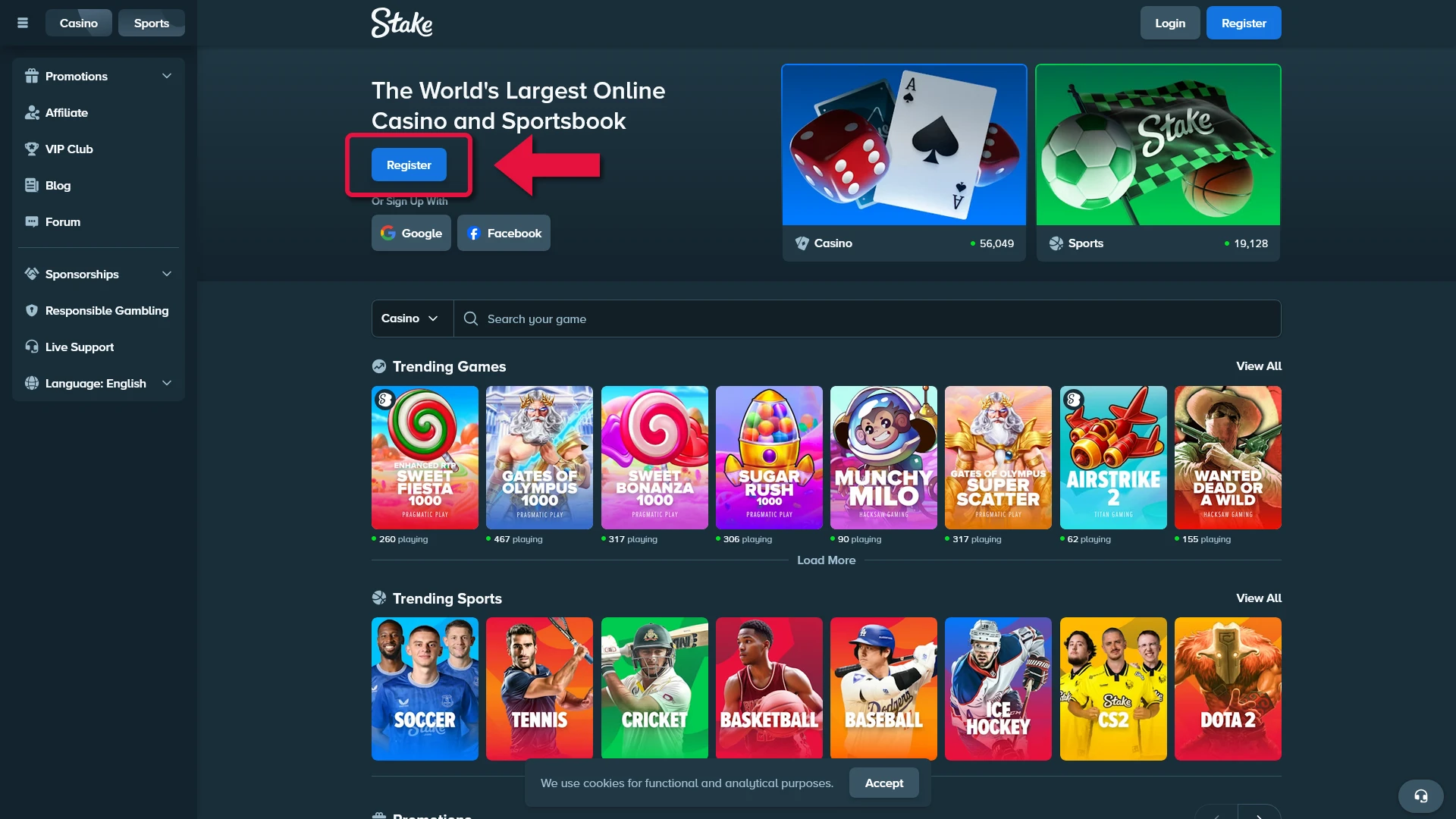 Create your account at Stake to begin basketball betting today.