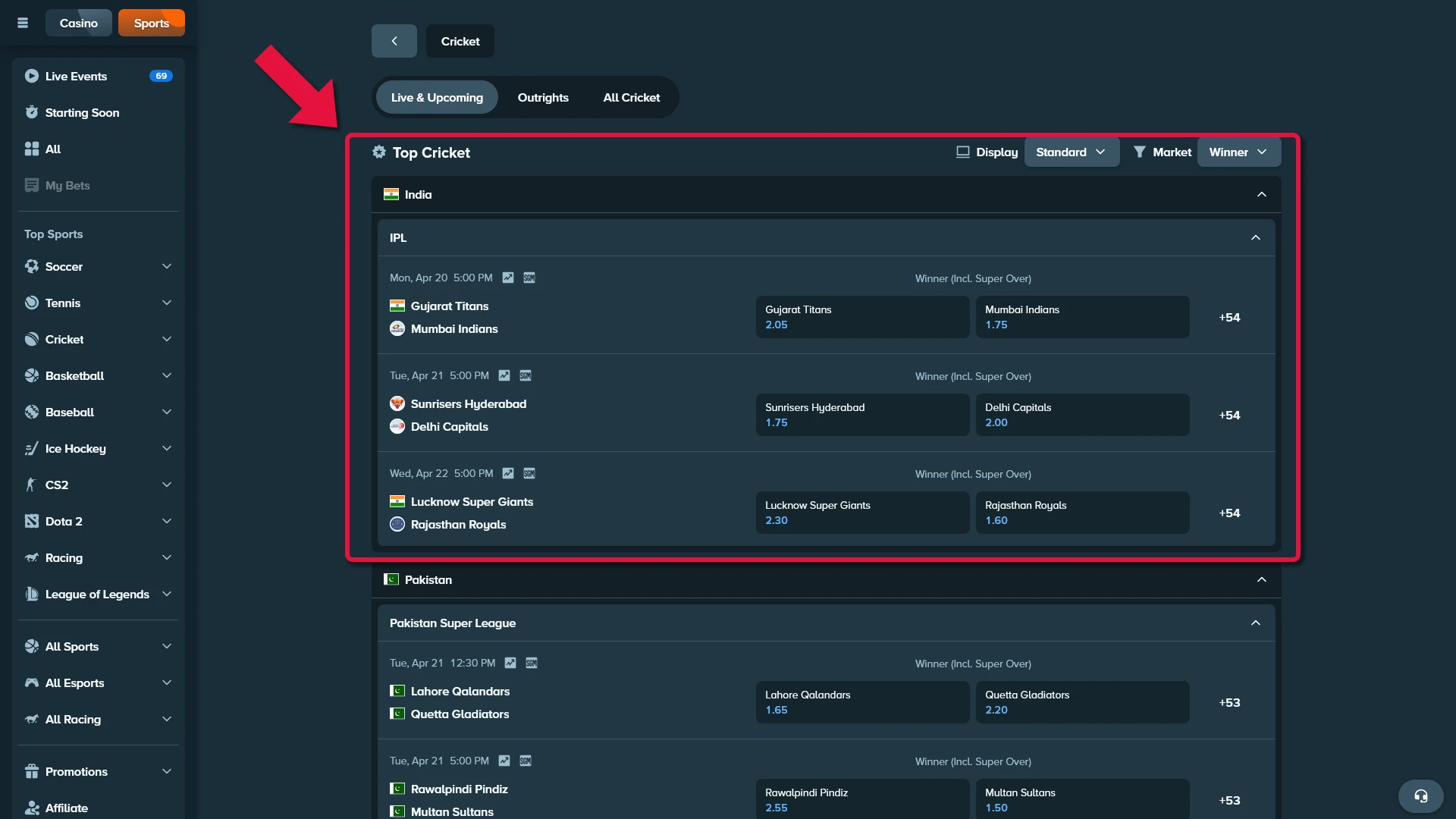 Find your cricket match within the diverse Stake sportsbook section.