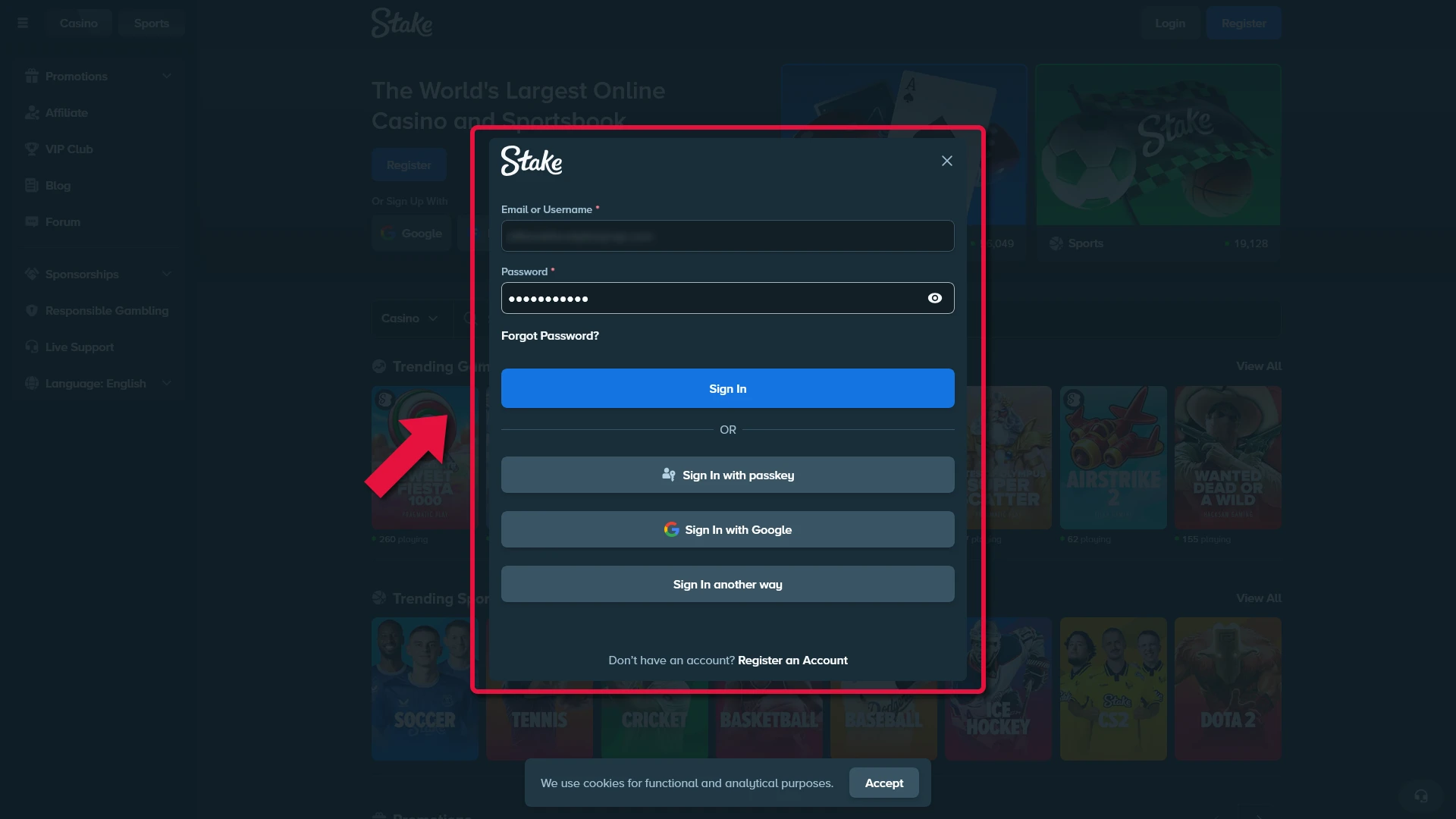 Verify your identity and log in to your Stake cricket betting profile.
