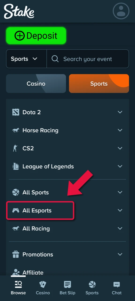 Open the dedicated E-Sports section within the Stake mobile app.