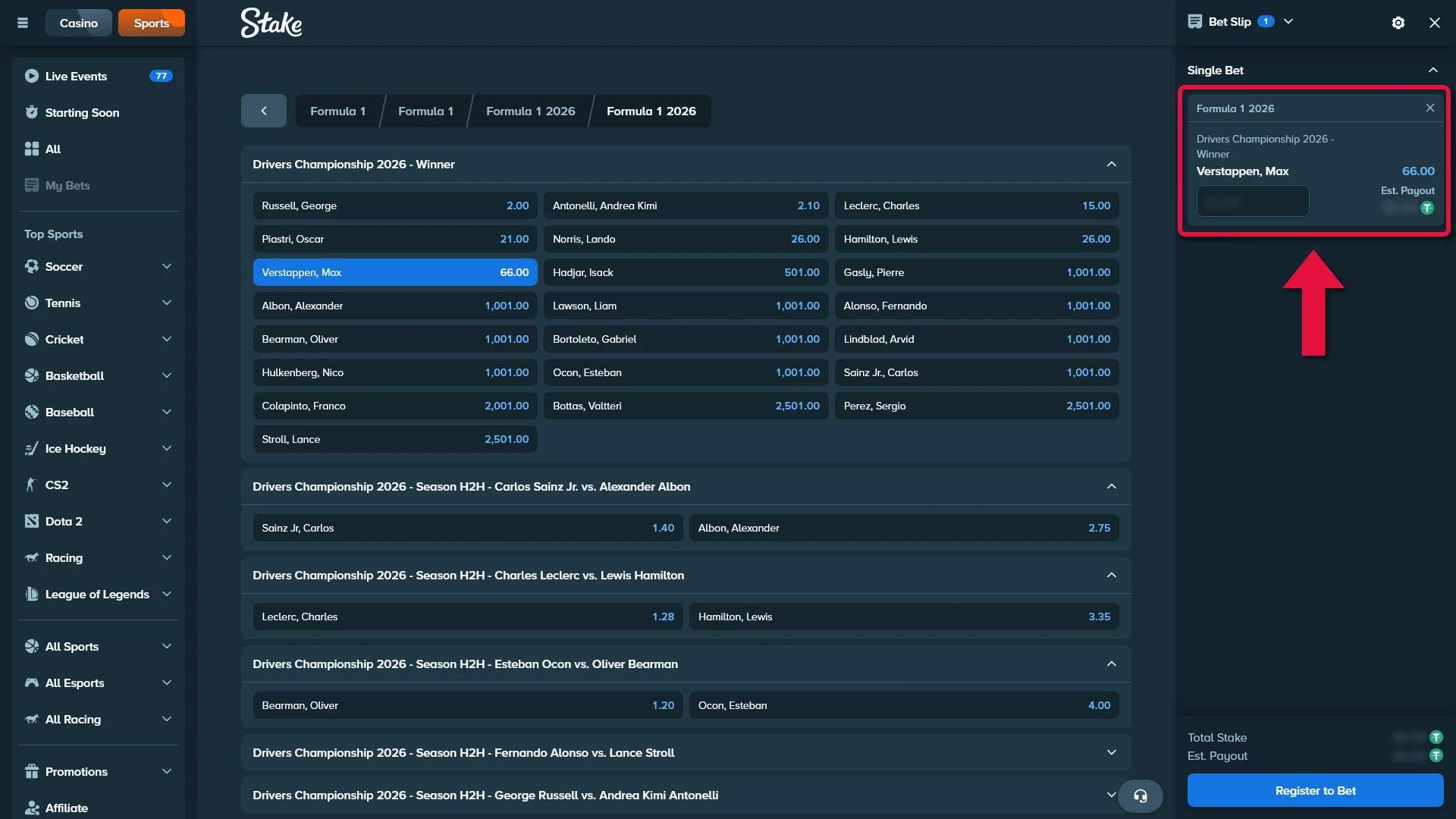 Add your selection to the bet slip and confirm your Formula 1 betting at Stake.