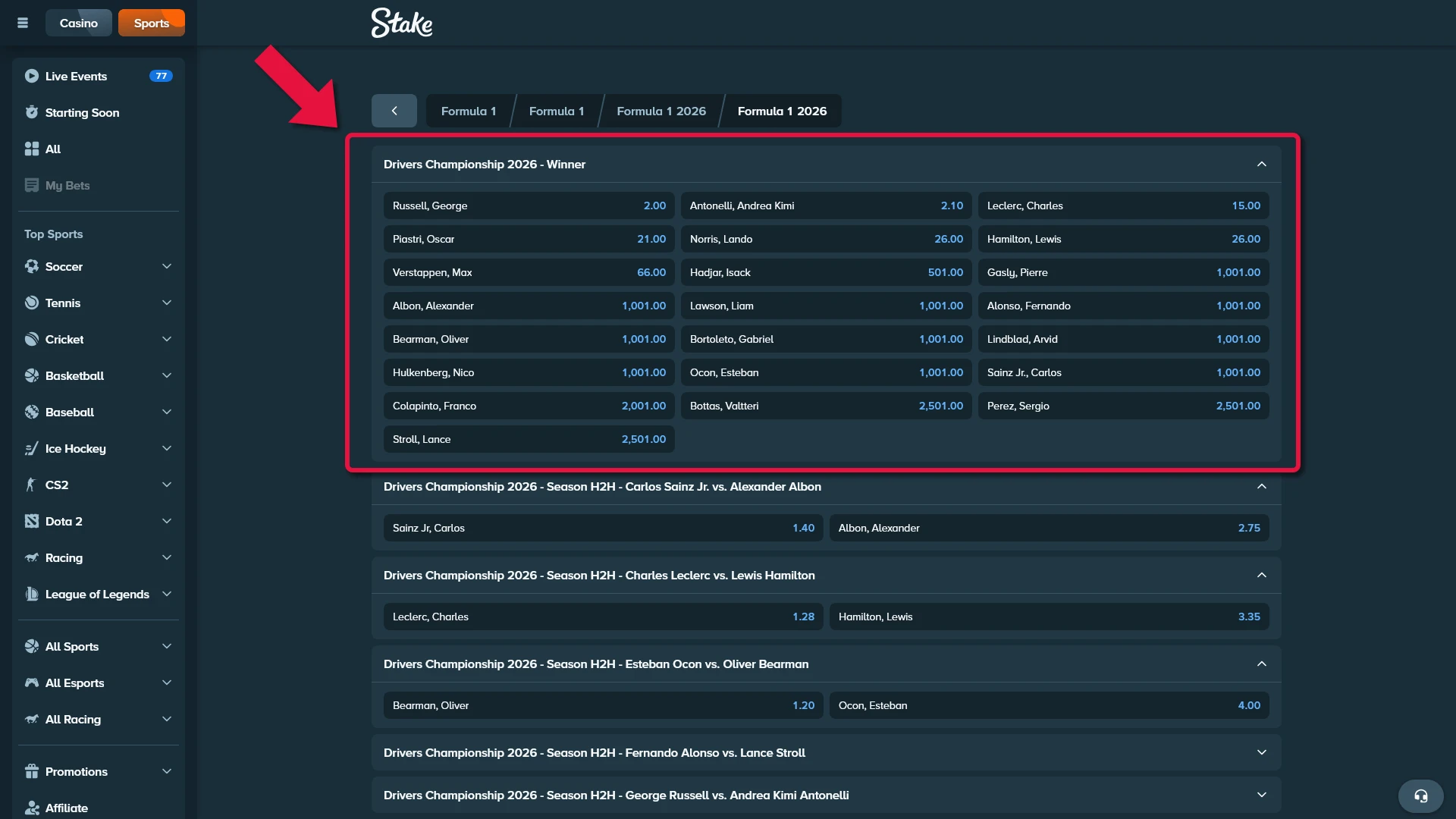 Pick your preferred market for Formula 1 betting at the official Stake site.
