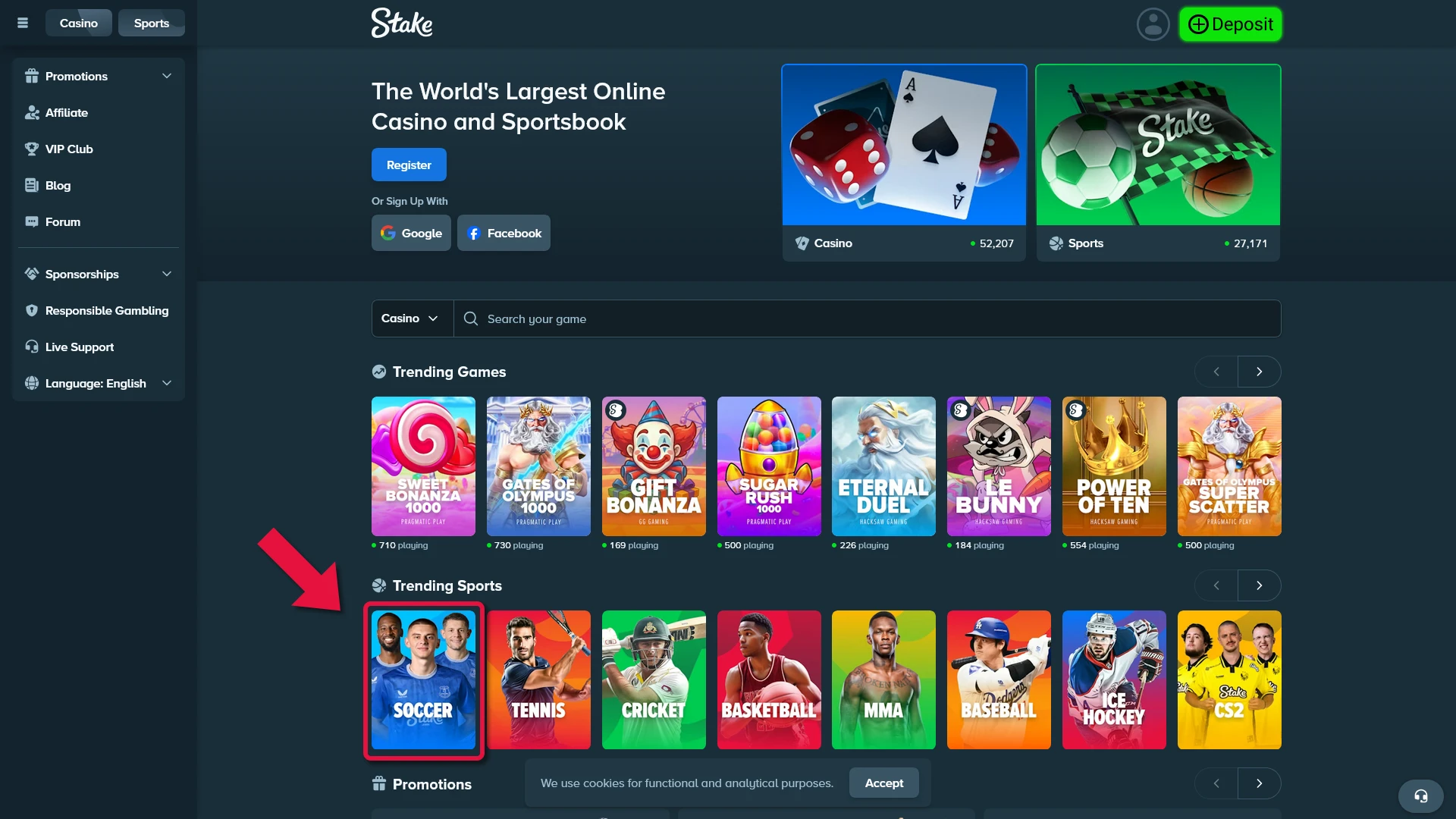 Navigate to the dedicated football section on Stake for expert betting.