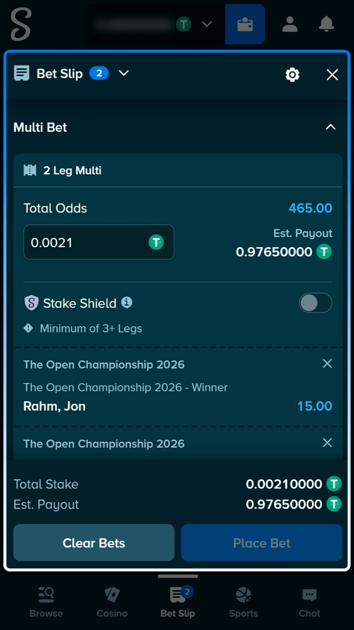 Finalizing your golf wager on the Stake platform.