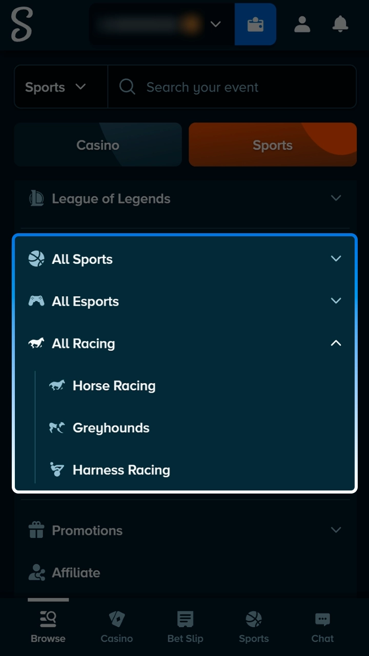Navigating to the comprehensive sports betting lobby at Stake.