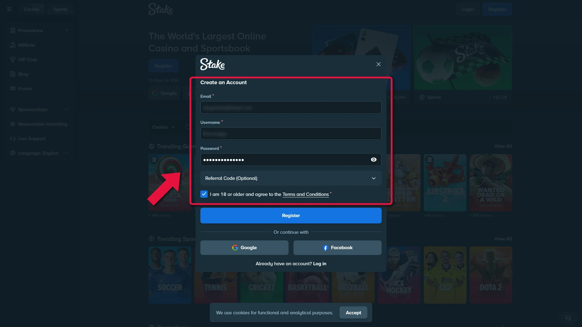 Join the Stake platform and complete the registration to bet on tennis.