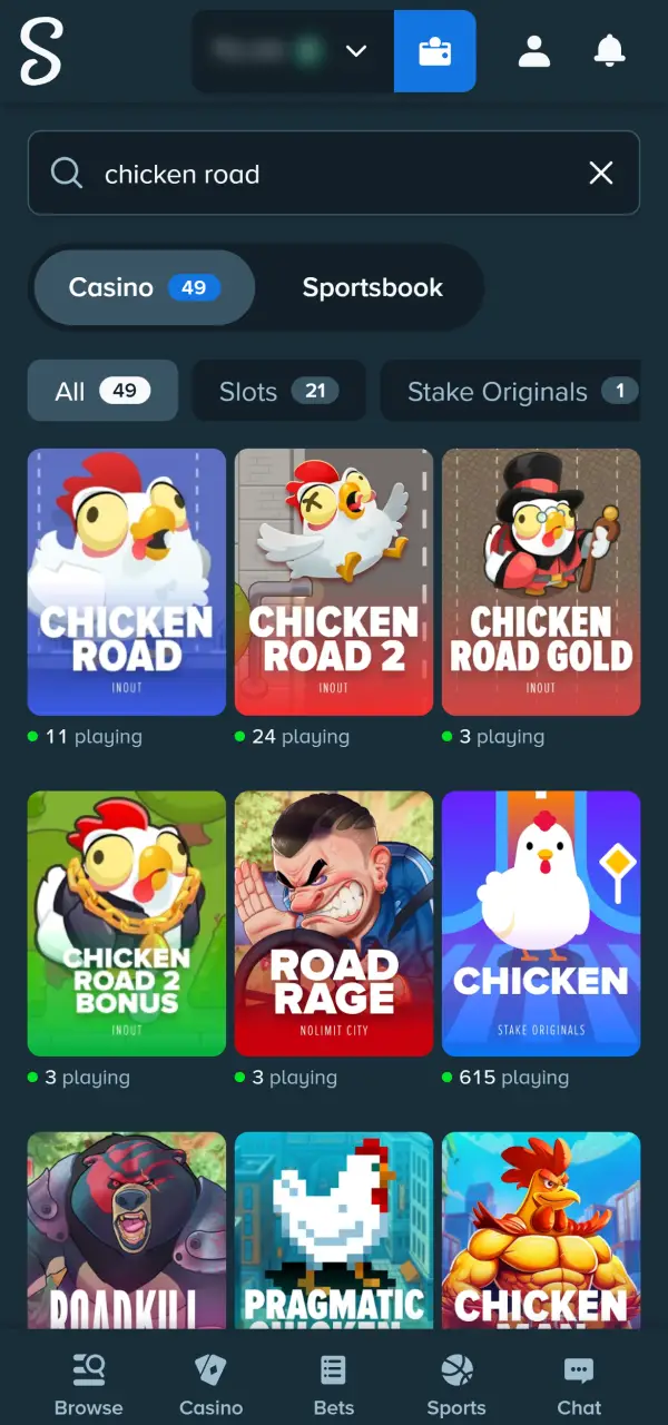 Open the game section to start a new Stake Chicken Road round.